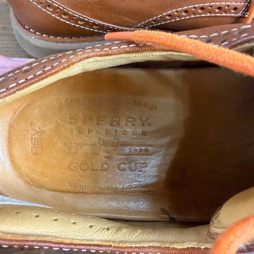 Sperry Men's 10 Gold Cup Wingtip Oxfords Dress Shoes Brown Leather Orange Lace